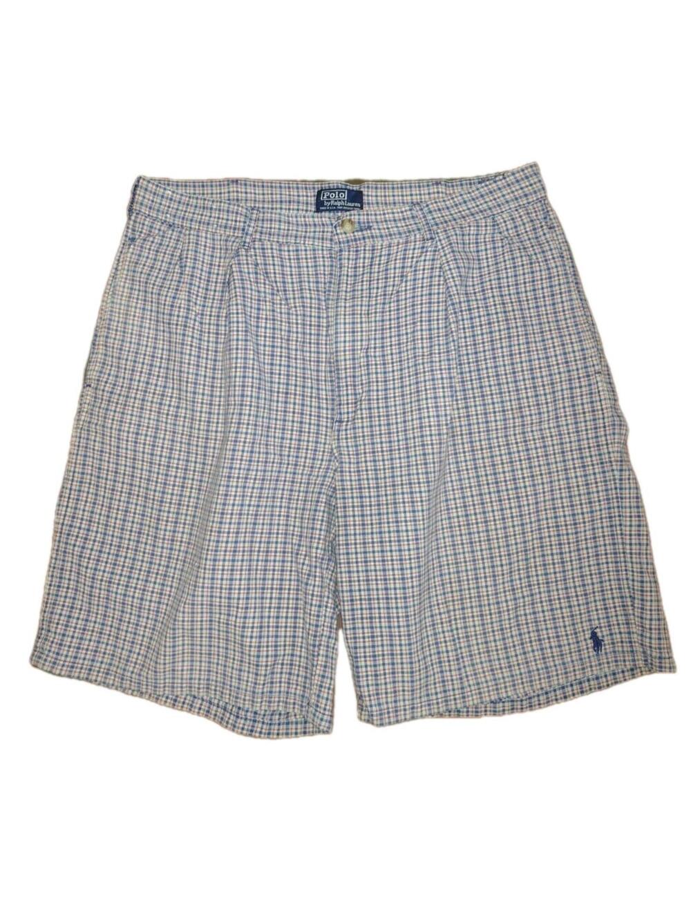 Vintage 90s Polo Ralph Lauren USA Cotton Check Pleated Shorts 34 Red Blue